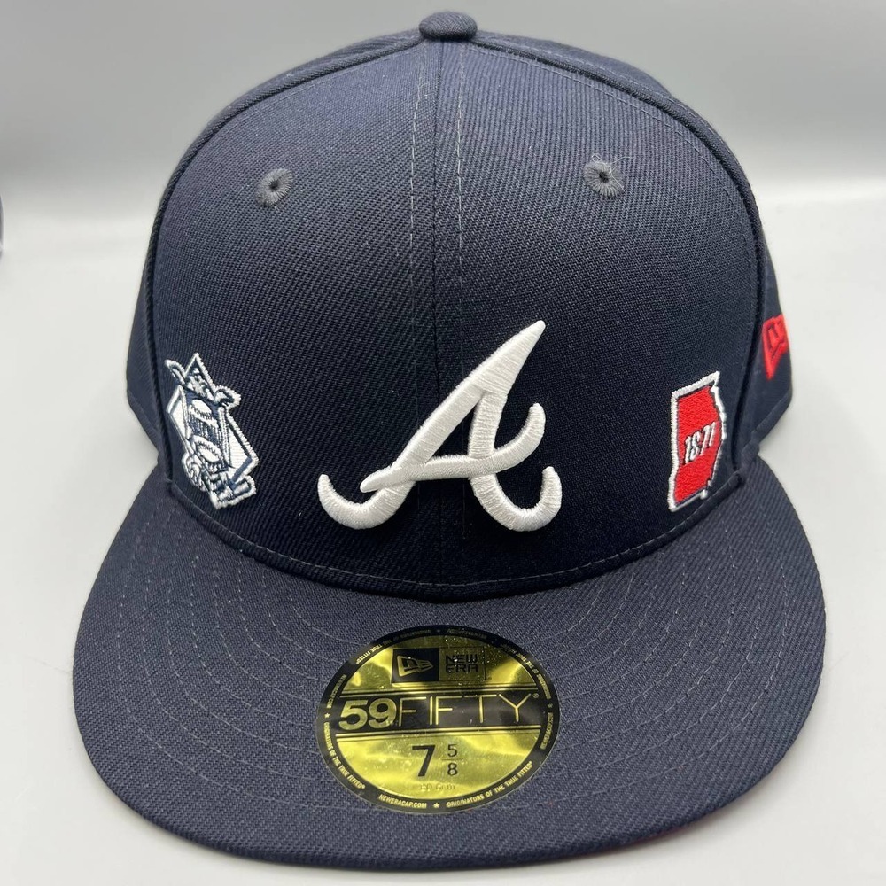 Atlanta Braves Hat Men 7 5/8 Navy Red Identity 59Fifty New Era Fitted Cap New